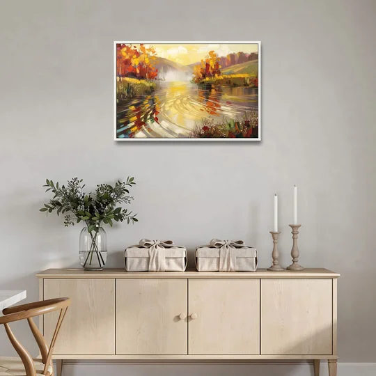 Asheville Riverfront Serenity - White Framed Canvas Wall Art - Coffee Table - 36x24