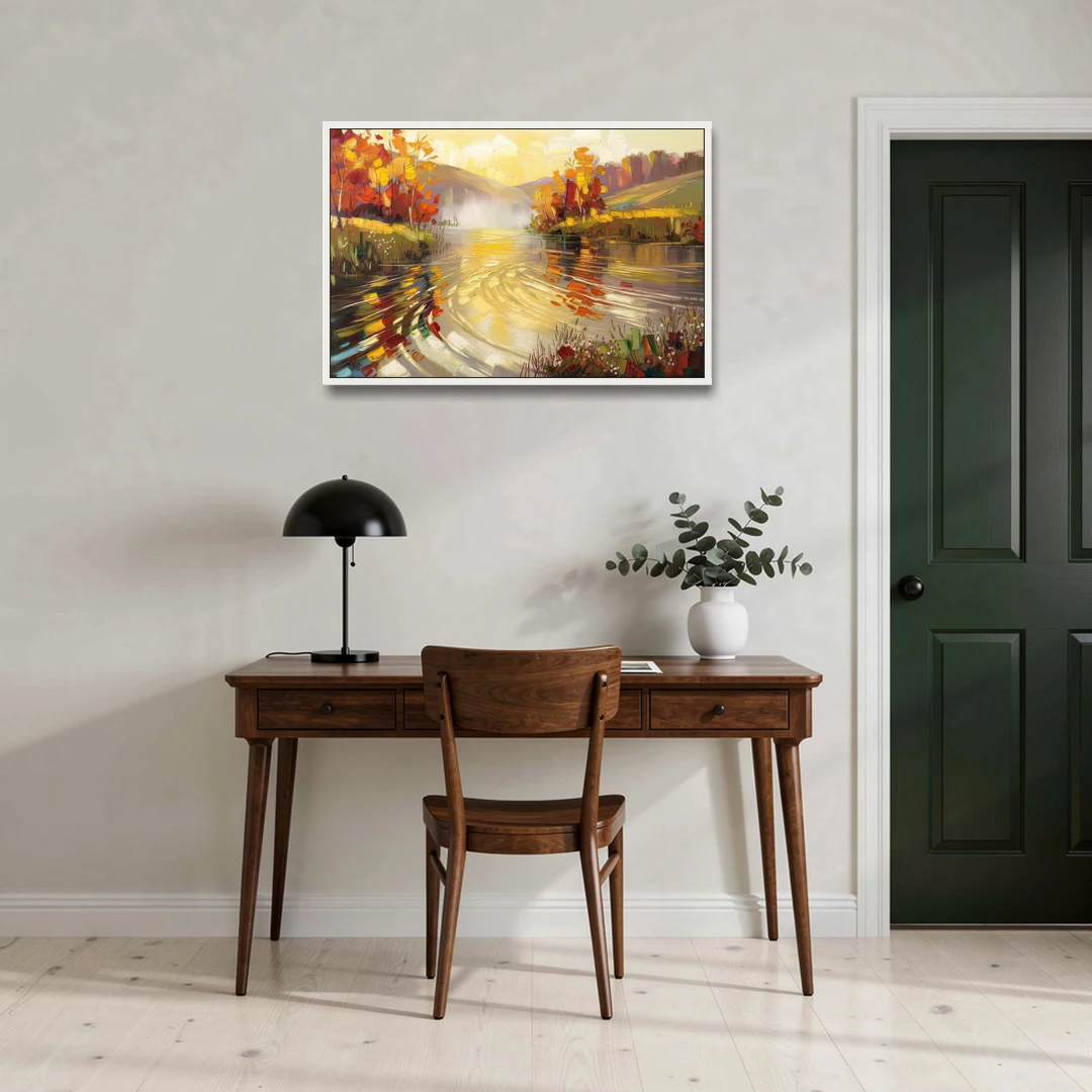 Asheville Riverfront Serenity - White Framed Canvas Wall Art - Office - 36x24