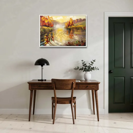 Asheville Riverfront Serenity - White Framed Canvas Wall Art - Office - 36x24
