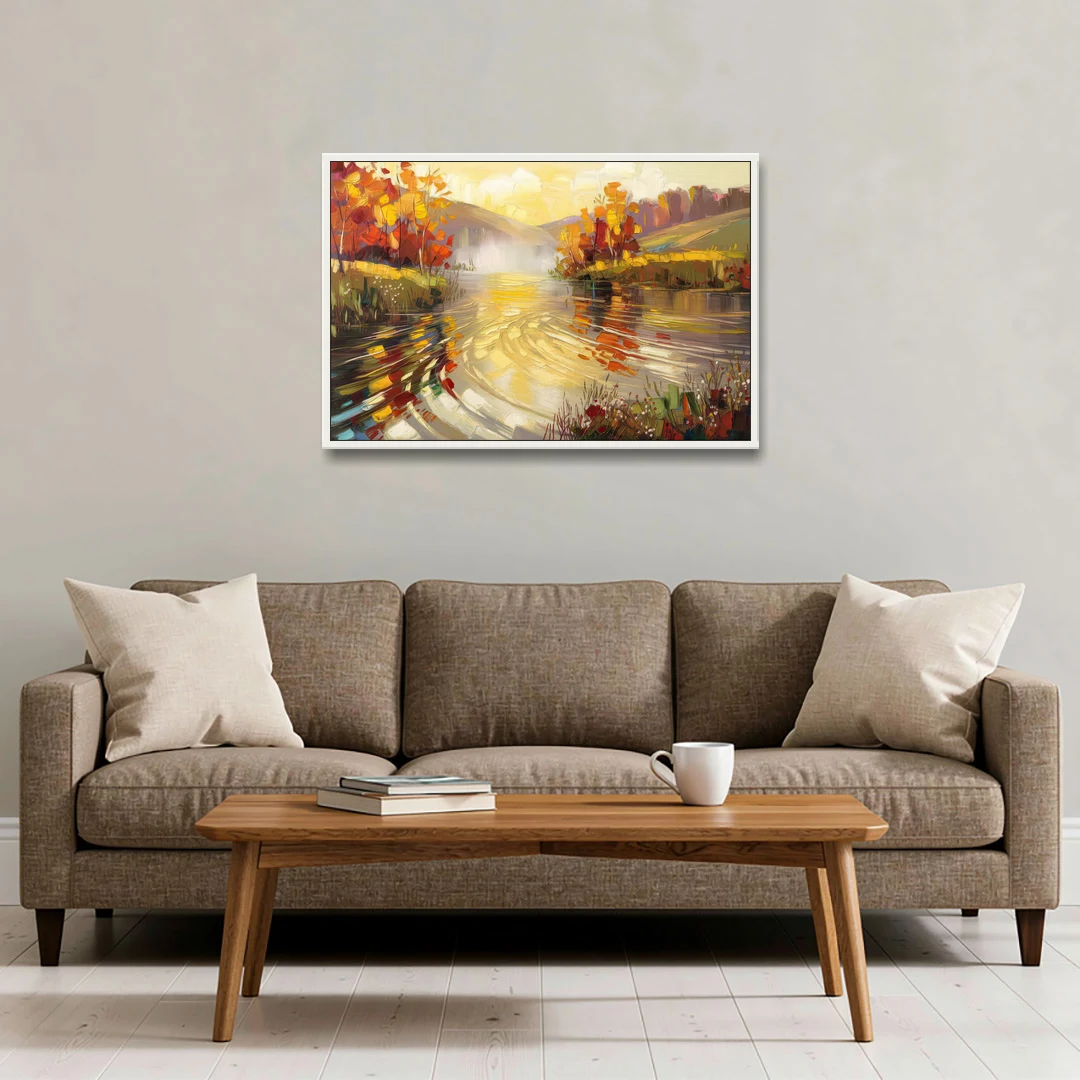 Asheville Riverfront Serenity - White Framed Canvas Wall Art - Sofa - 36x24
