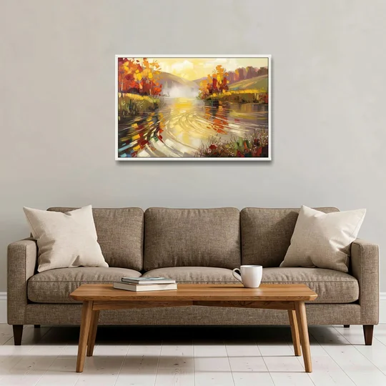 Asheville Riverfront Serenity - White Framed Canvas Wall Art - Sofa - 36x24