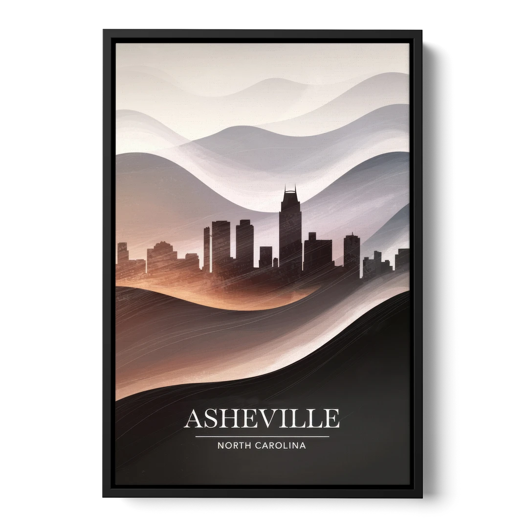 Asheville Skyline and Mountains - Black Framed Canvas Wall Art - Front
