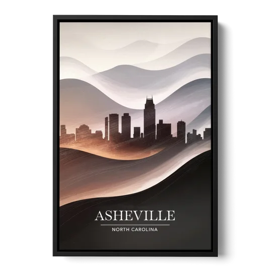 Asheville Skyline and Mountains - Black Framed Canvas Wall Art - Front