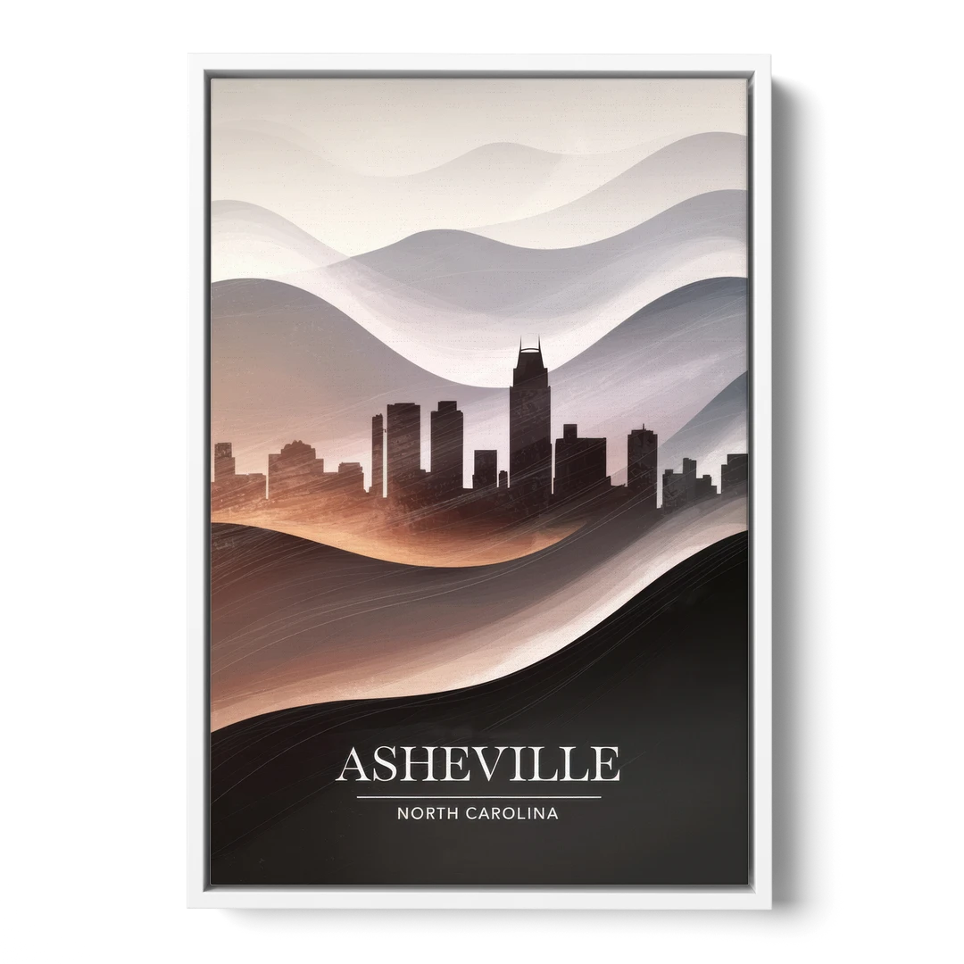Asheville Skyline and Mountains - White Framed Canvas Wall Art - Front