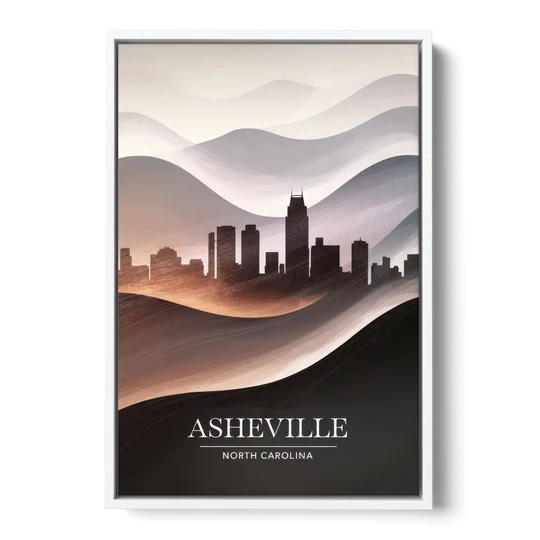 Asheville Skyline and Mountains - White Framed Canvas Wall Art - Front