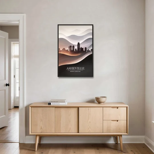 Asheville Skyline and Mountains - Black Framed Canvas Wall Art - Coffee Table - 24x36