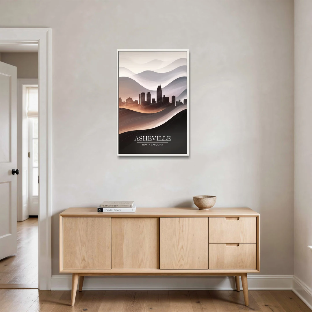 Asheville Skyline and Mountains - White Framed Canvas Wall Art - Coffee Table - 24x36