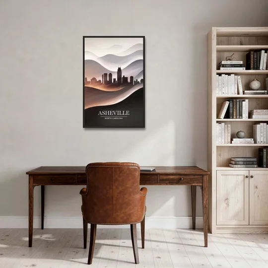 Asheville Skyline and Mountains - Black Framed Canvas Wall Art - Office - 24x36