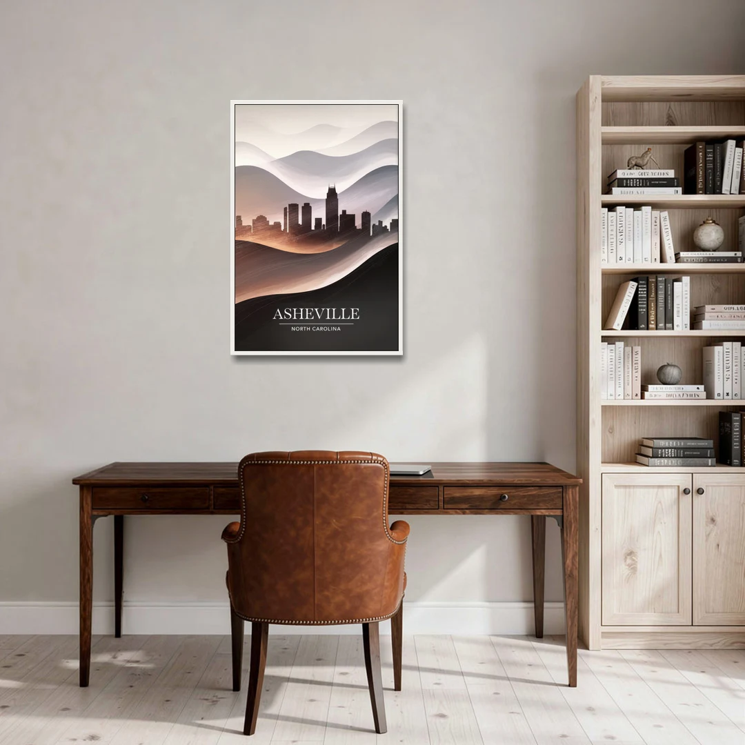 Asheville Skyline and Mountains - White Framed Canvas Wall Art - Office - 24x36