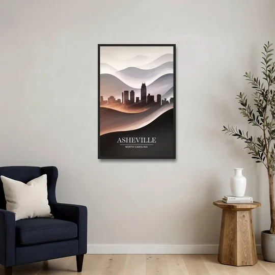 Asheville Skyline and Mountains - Black Framed Canvas Wall Art - Sofa - 24x36