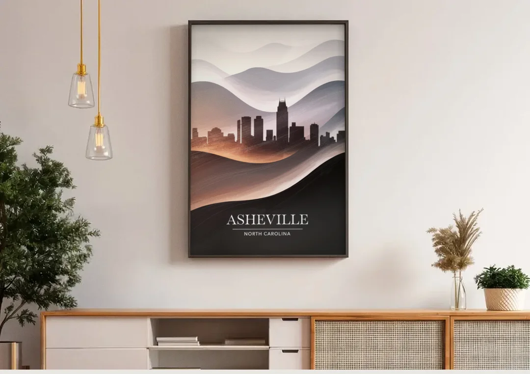 Asheville Skyline and Mountains canvas wall art above a wooden sideboard under pendant lights