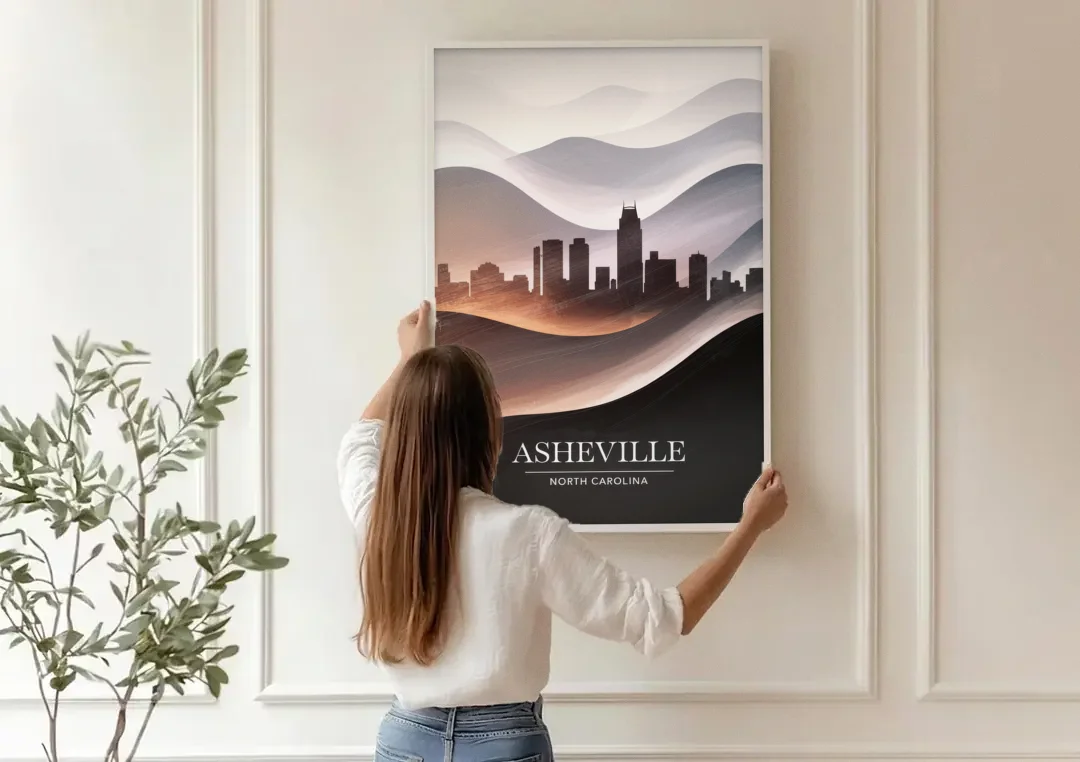 Asheville Skyline and Mountains canvas wall art being hung on a paneled wall