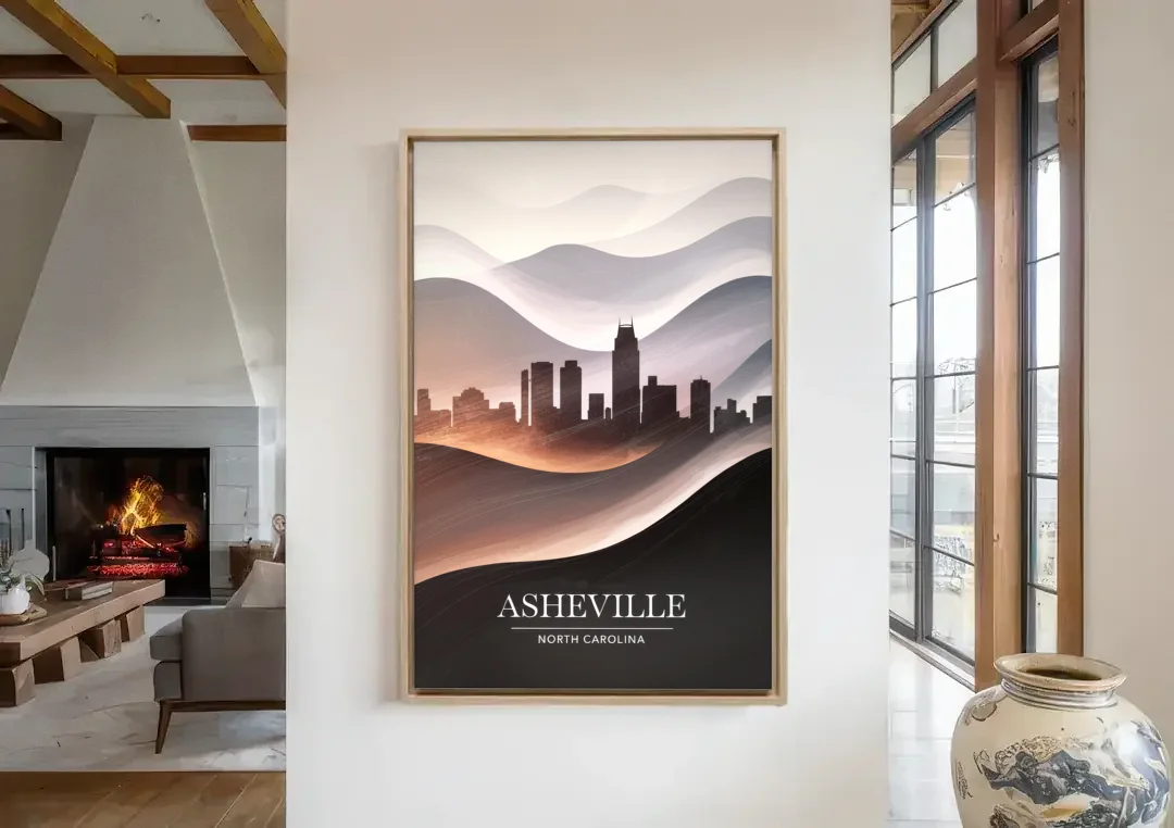 Asheville Skyline and Mountains canvas wall art in a living room with a fireplace