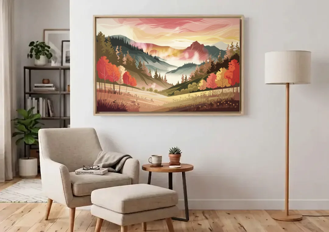 Asheville Smoky Mountain Sunrise canvas wall art above an armchair in a bright living room