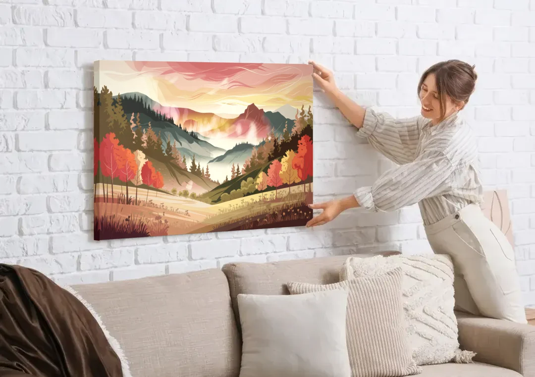 Asheville Smoky Mountain Sunrise canvas wall art being hung on a white brick wall above a sofa