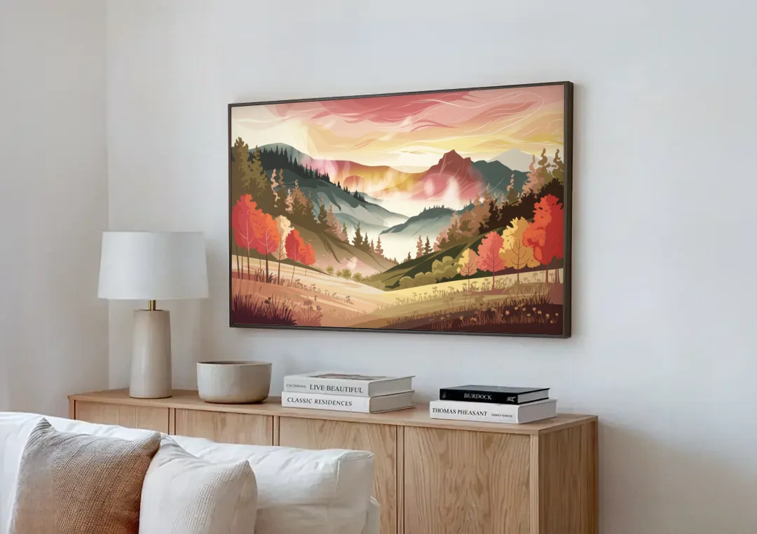 Asheville Smoky Mountain Sunrise canvas wall art above a wooden sideboard next to a sofa