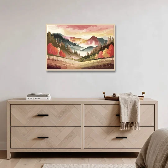 Asheville Smoky Mountain Sunrise - Oak Framed Canvas Wall Art - Coffee Table - 36x24