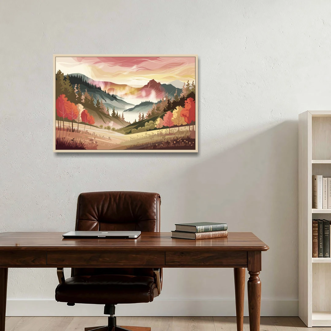Asheville Smoky Mountain Sunrise - Oak Framed Canvas Wall Art - Office - 36x24