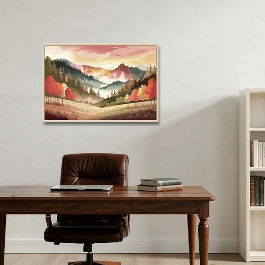 Asheville Smoky Mountain Sunrise - Oak Framed Canvas Wall Art - Office - 36x24