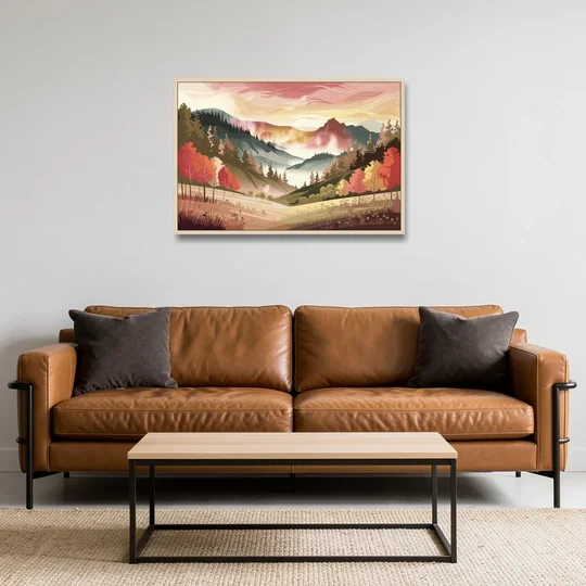 Asheville Smoky Mountain Sunrise - Oak Framed Canvas Wall Art - Sofa - 36x24