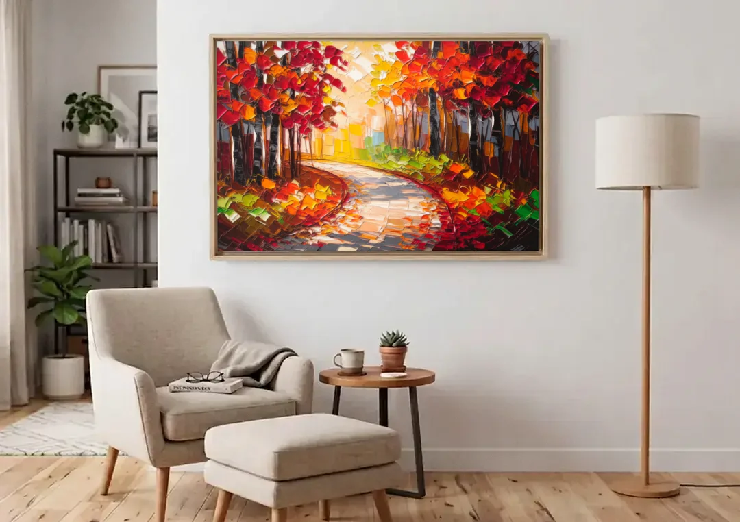 Ashland Autumn Forest canvas wall art above an armchair in a bright living room