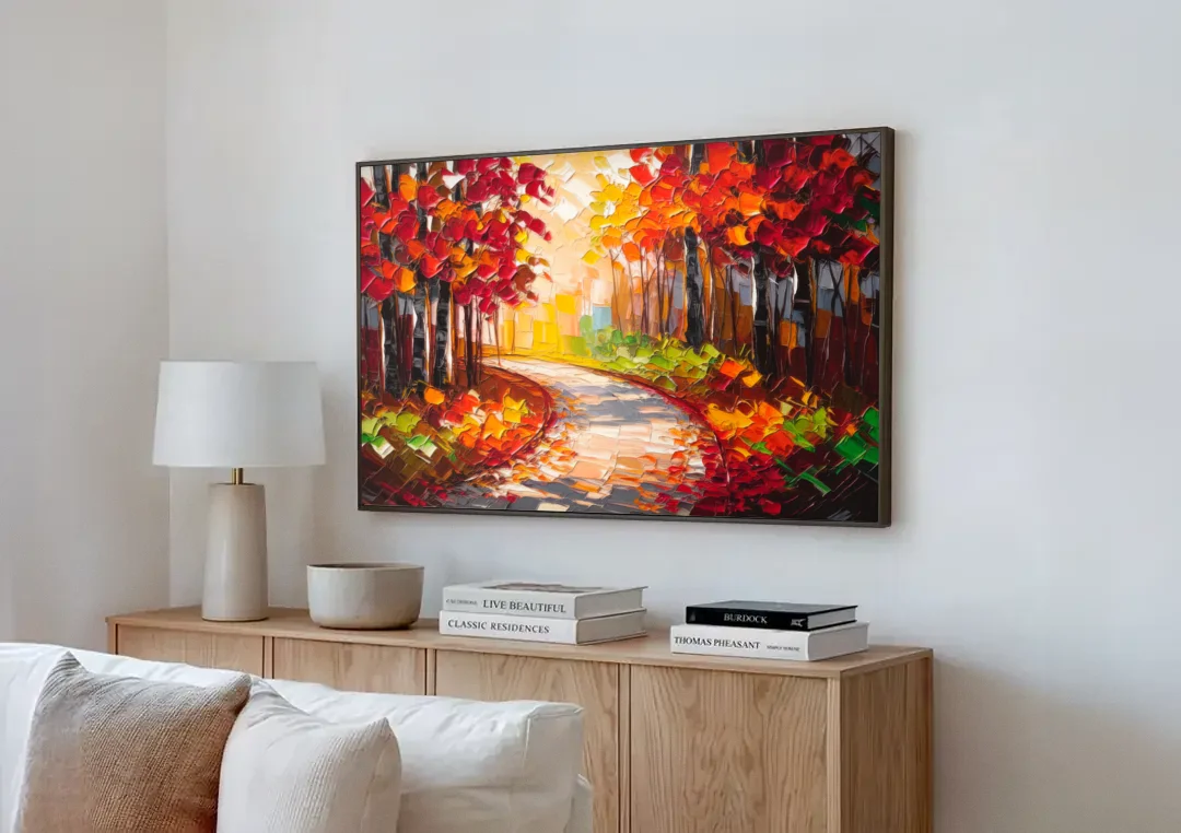 Ashland Autumn Forest canvas wall art above a wooden sideboard next to a sofa
