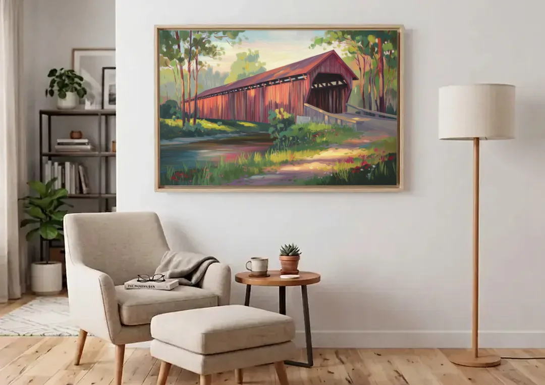 Ashland Covered Bridge canvas wall art above an armchair in a bright living room