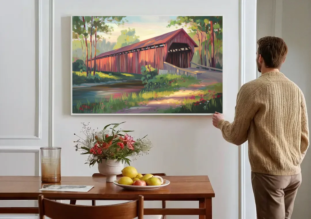 Ashland Covered Bridge canvas wall art above a dining table