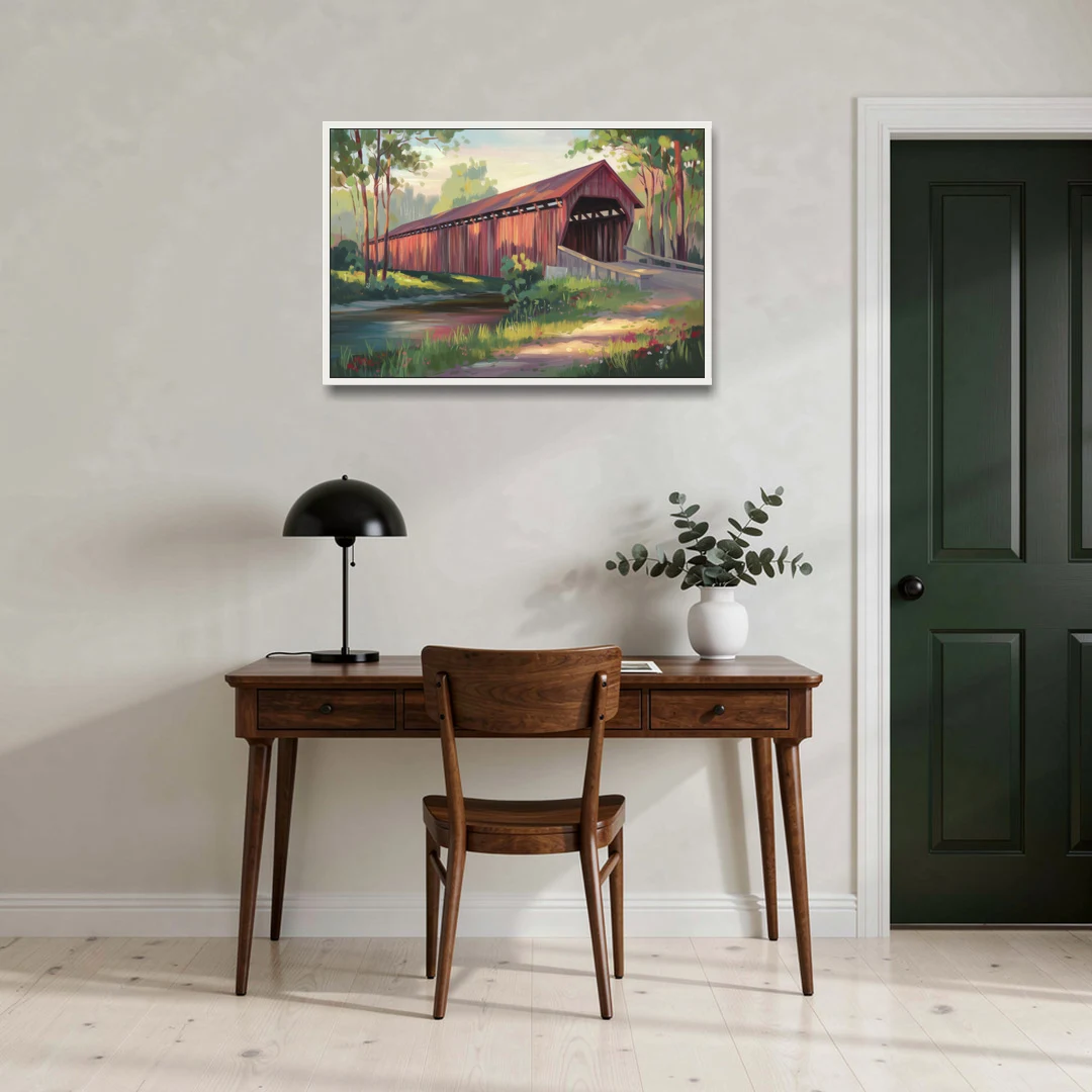 Ashland Covered Bridge - White Framed Canvas Wall Art - Office - 36x24