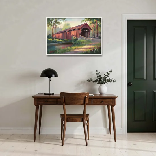 Ashland Covered Bridge - White Framed Canvas Wall Art - Office - 36x24