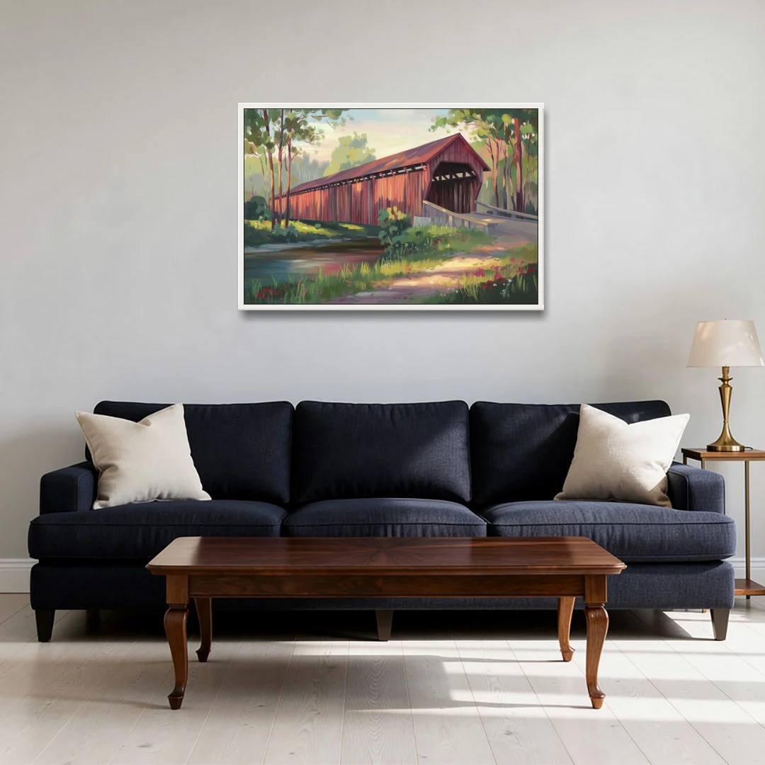 Ashland Covered Bridge - White Framed Canvas Wall Art - Sofa - 36x24