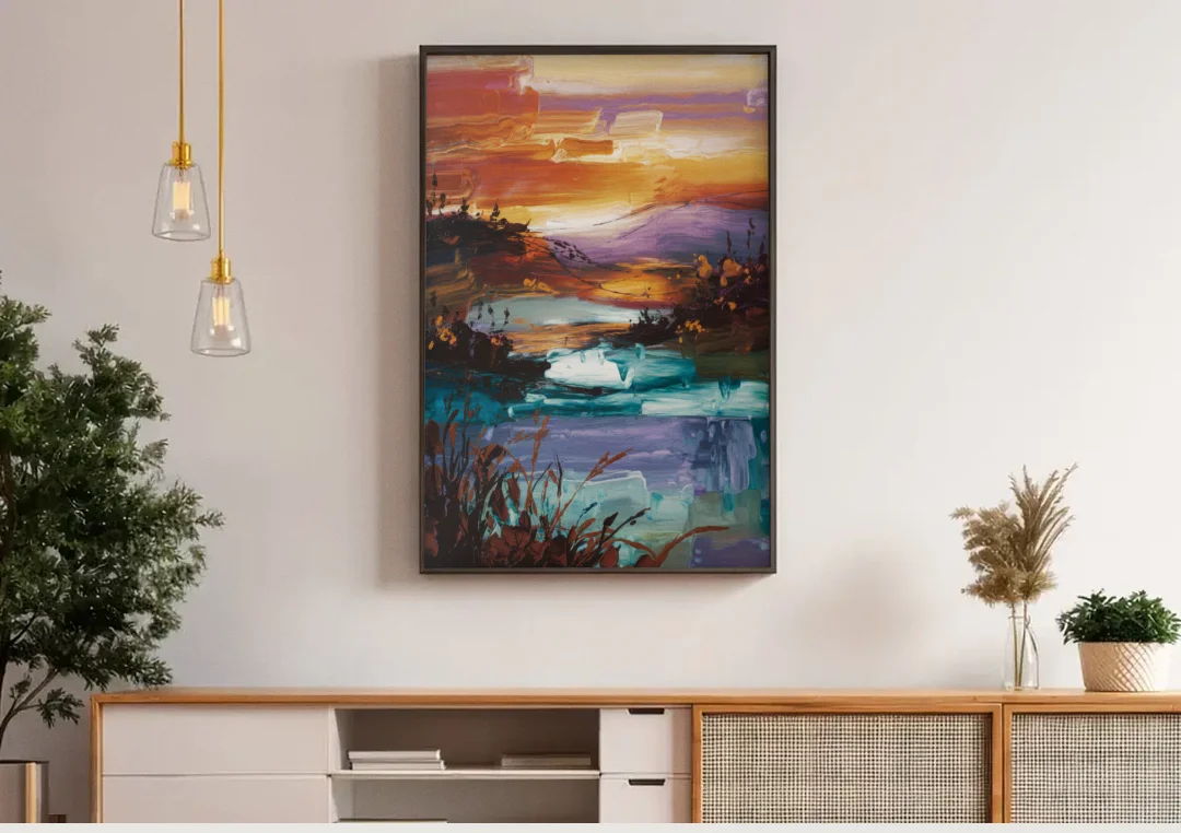 Ashland Evening Glow canvas wall art above a wooden sideboard under pendant lights