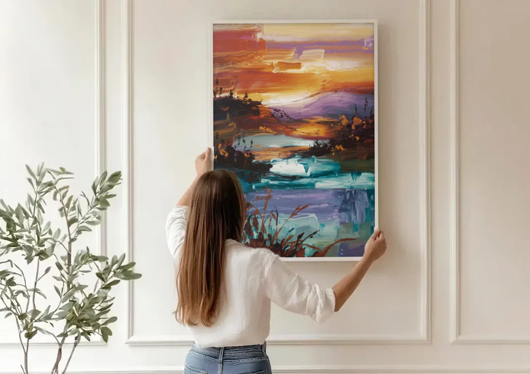 Ashland Evening Glow canvas wall art being hung on a paneled wall