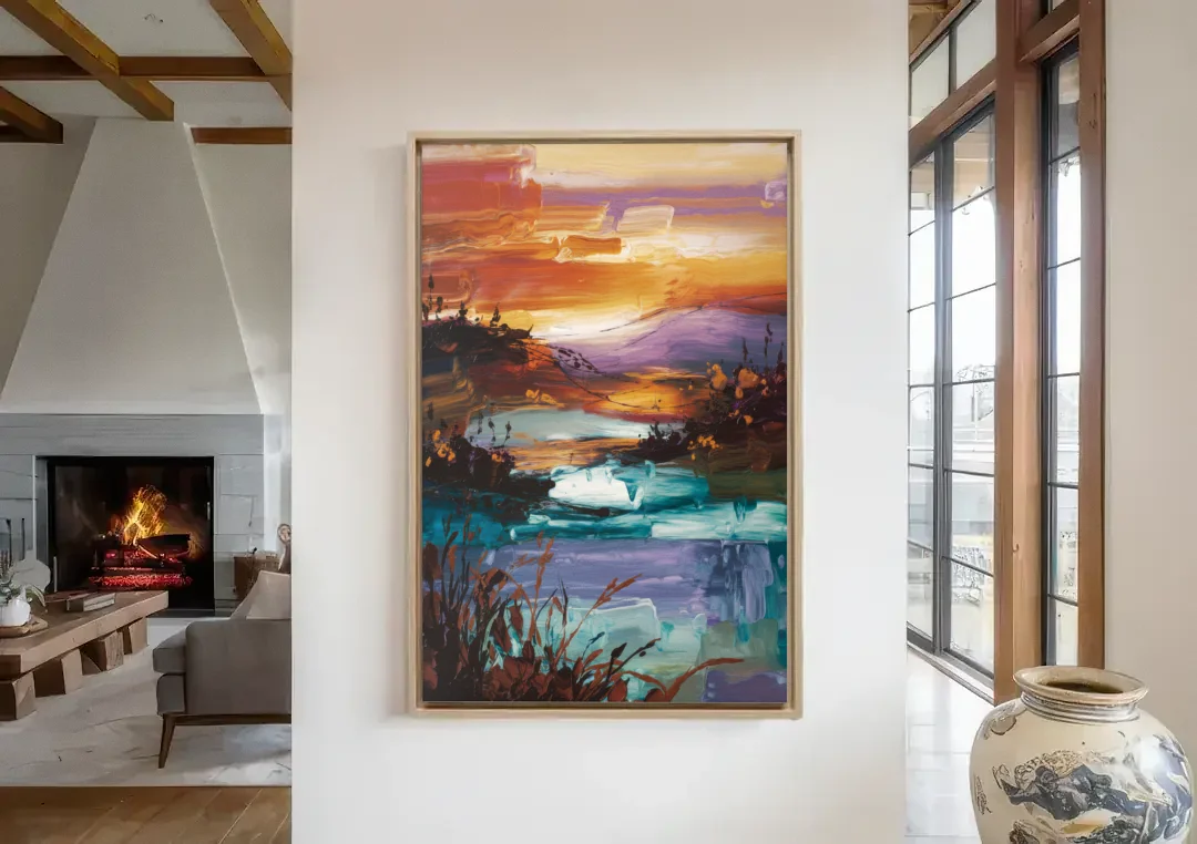 Ashland Evening Glow canvas wall art in a living room with a fireplace