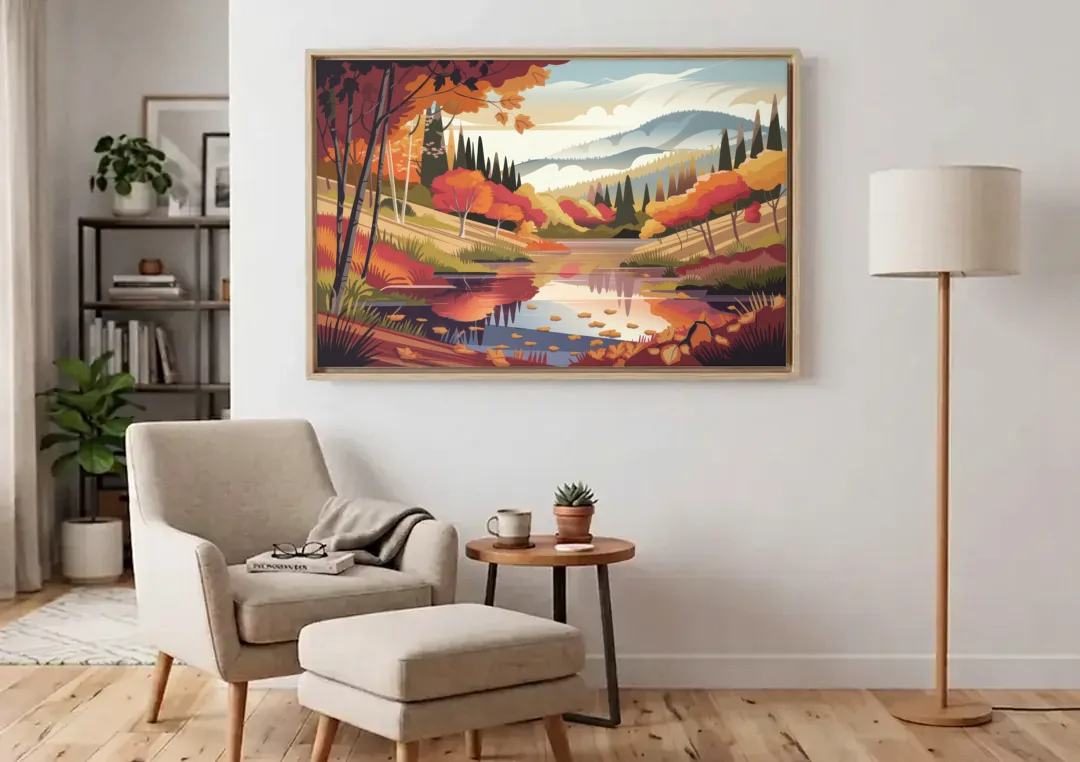Ashland Fall Foliage canvas wall art above an armchair in a bright living room