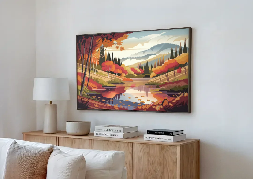 Ashland Fall Foliage canvas wall art above a wooden sideboard next to a sofa