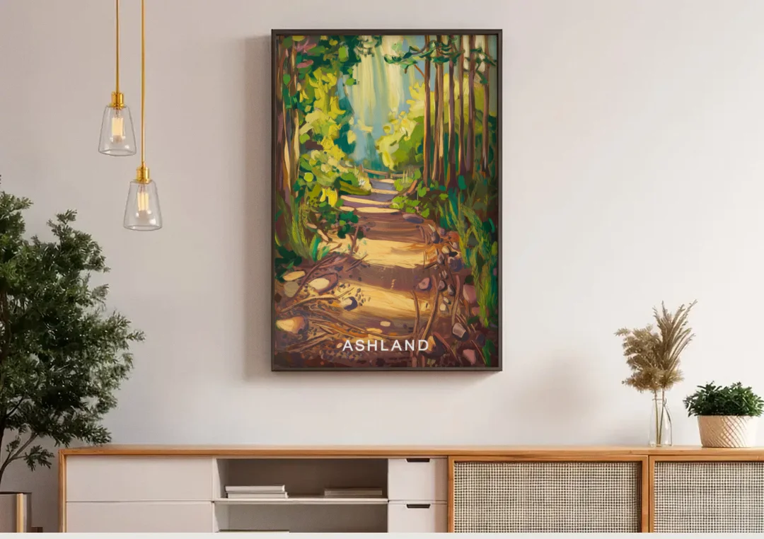 Ashland Hiking Paths canvas wall art above a wooden sideboard under pendant lights