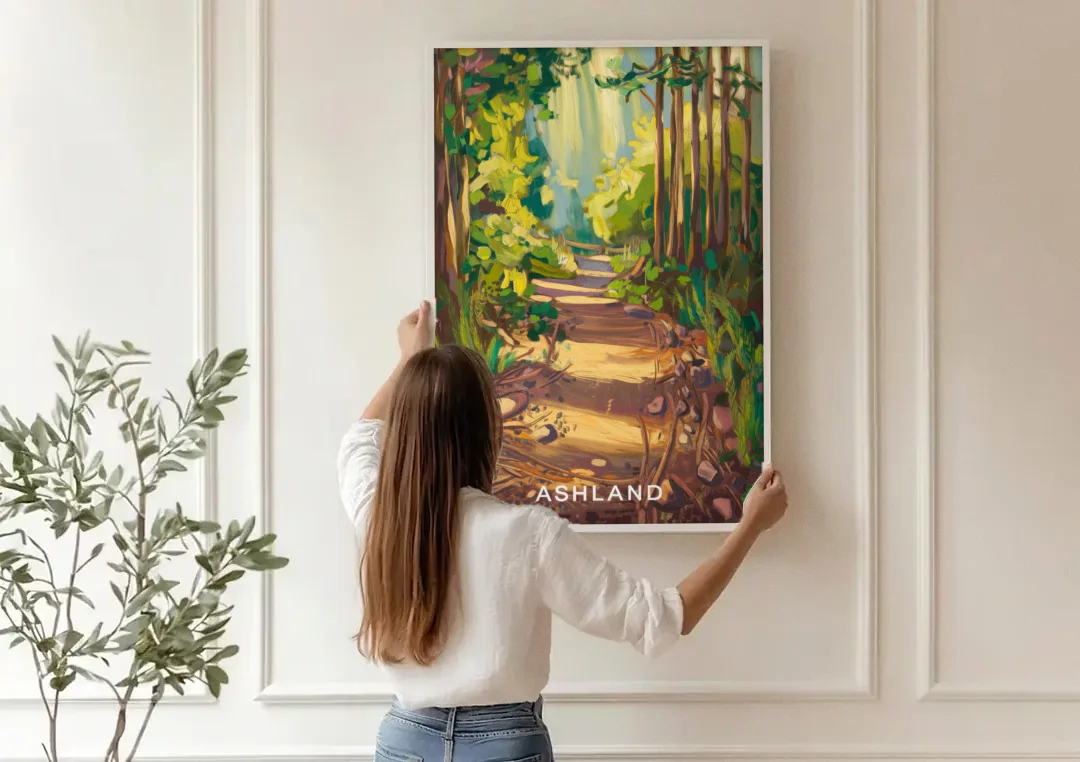 Ashland Hiking Paths canvas wall art being hung on a paneled wall