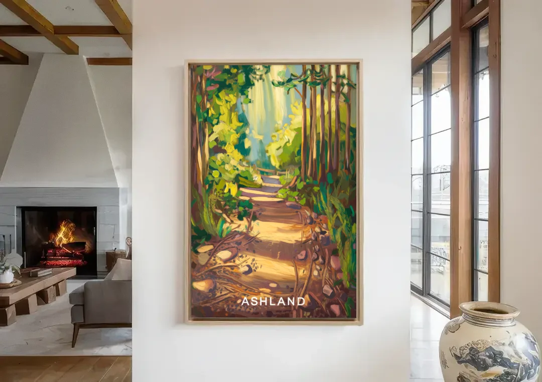 Ashland Hiking Paths canvas wall art in a living room with a fireplace