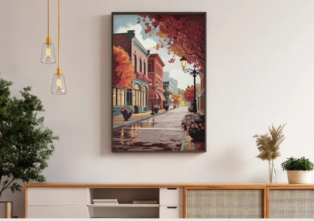 Ashland Historic Downtown canvas wall art above a wooden sideboard under pendant lights
