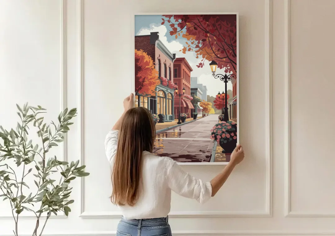 Ashland Historic Downtown canvas wall art being hung on a paneled wall