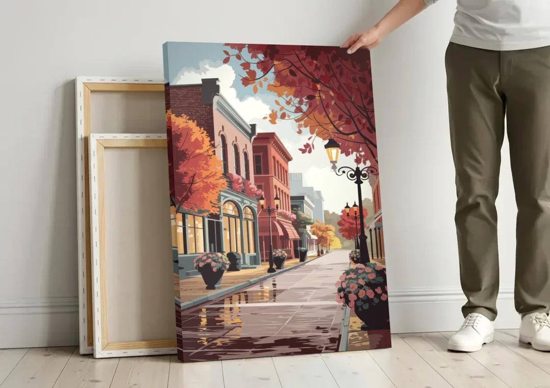 Ashland Historic Downtown canvas wall art leaning against a wall next to blank canvases