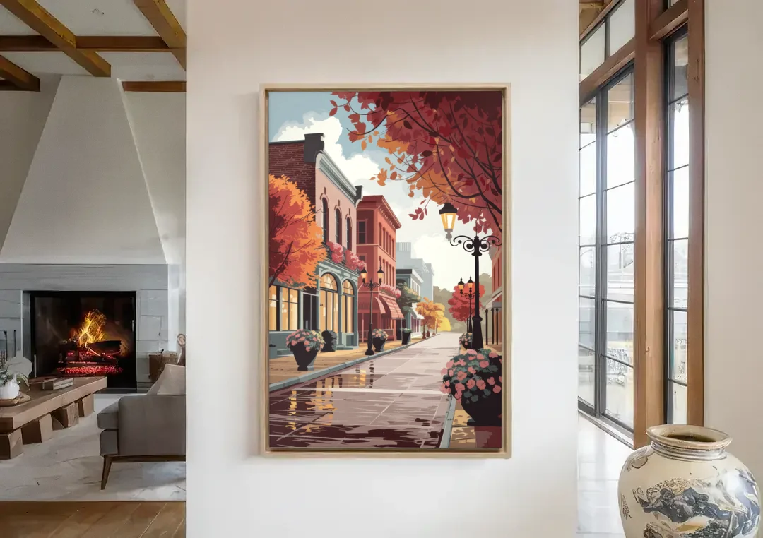 Ashland Historic Downtown canvas wall art in a living room with a fireplace