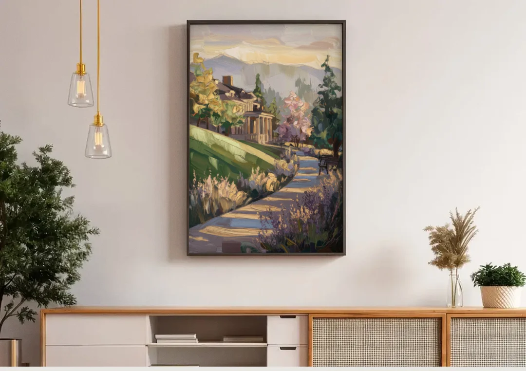 Ashland Historic Landmarks canvas wall art above a wooden sideboard under pendant lights