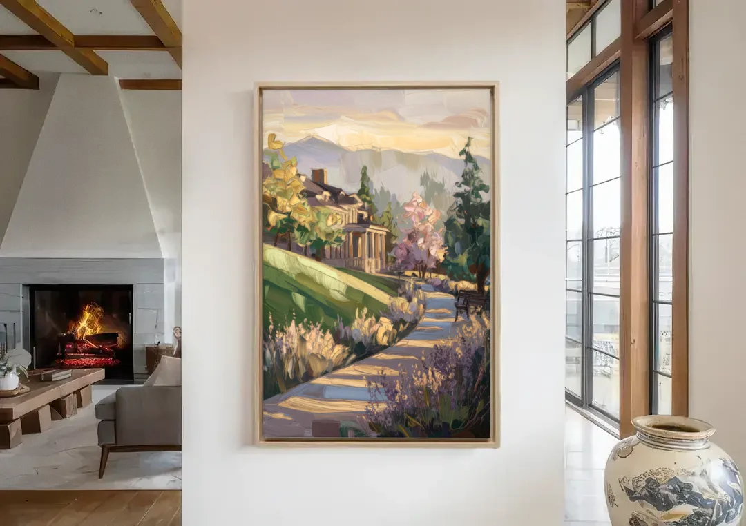 Ashland Historic Landmarks canvas wall art in a living room with a fireplace