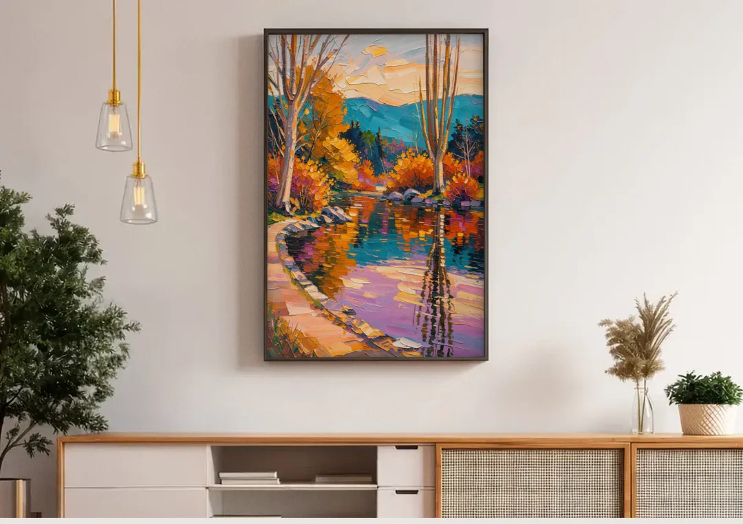 Ashland Local Park Serenity canvas wall art above a wooden sideboard under pendant lights