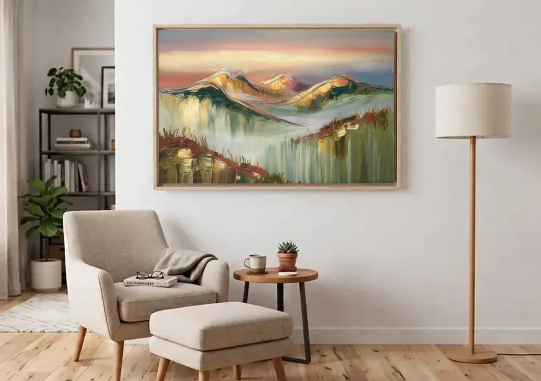 Ashland Mountain View canvas wall art above an armchair in a bright living room