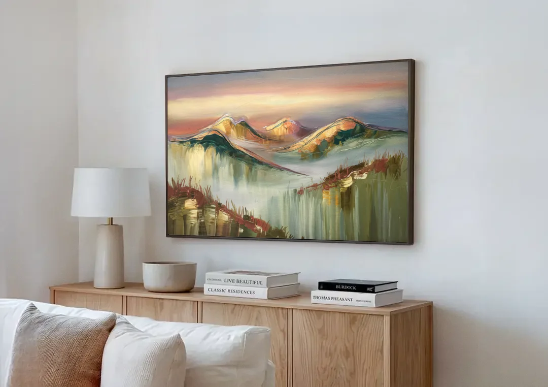 Ashland Mountain View canvas wall art above a wooden sideboard next to a sofa