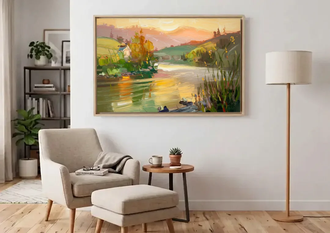 Ashland Riverfront Scene canvas wall art above an armchair in a bright living room