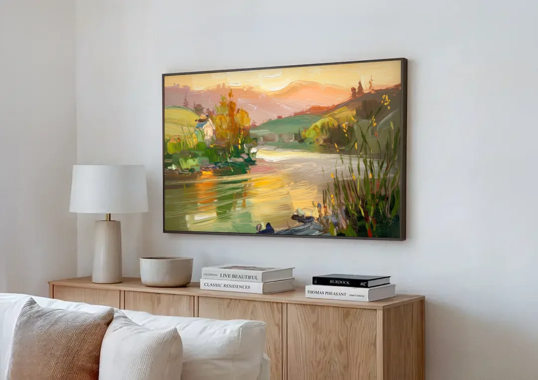 Ashland Riverfront Scene canvas wall art above a wooden sideboard next to a sofa